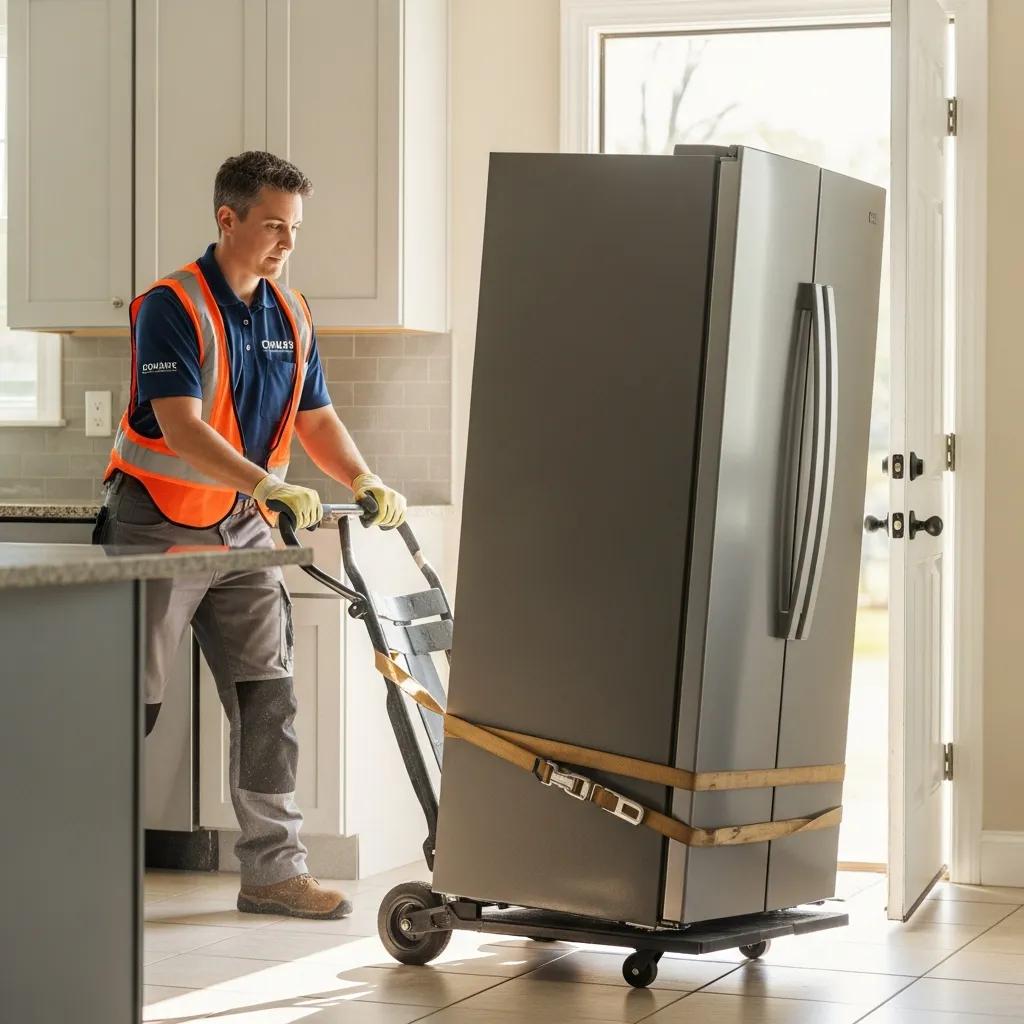 Professional safely moving a refrigerator — appliance removal and safe handling
