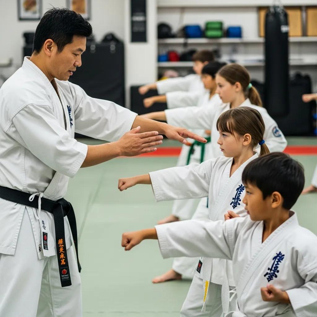 Karate instructor teaching children discipline and focus during a training drill Karate instructor teaching children discipline and focus during a training drill