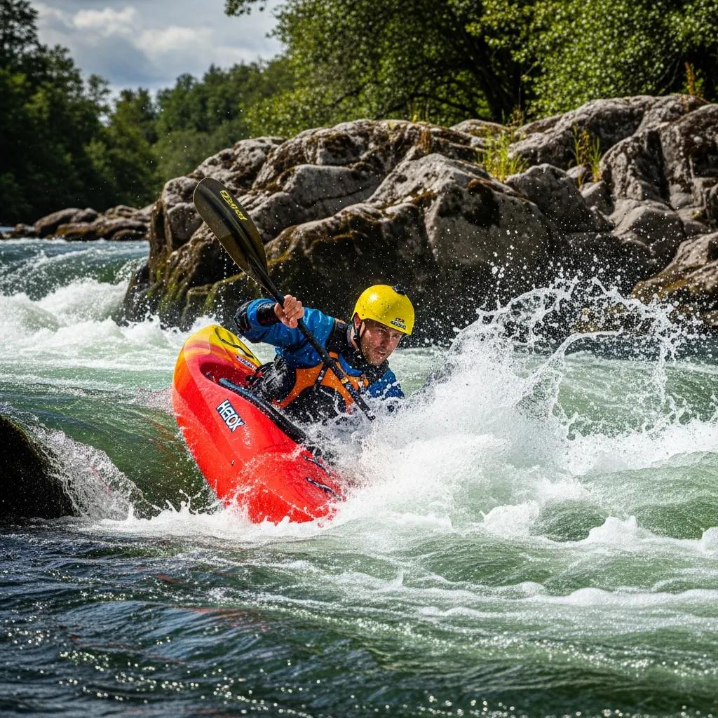 Kayaker executing an advanced eddy turn in turbulent water, showcasing skill in navigating complex rapids