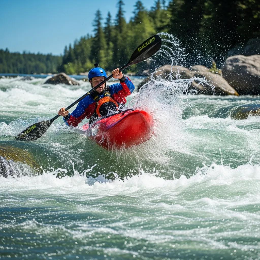 Kayaker navigating through whitewater rapids, emphasizing adventure and nature