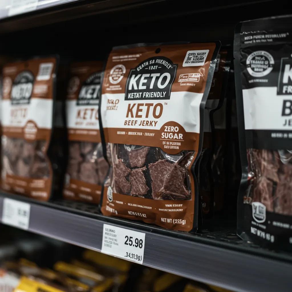 Keto-friendly beef jerky packages on a grocery store shelf, highlighting labels and ingredients