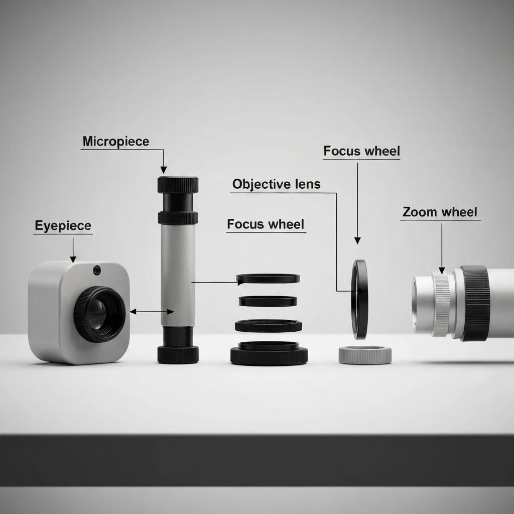 Diagram-style photo showing key parts of a handheld pocket microscope—eyepiece, focus and zoom wheels, LED, battery compartment