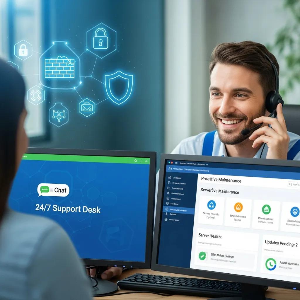 Key features of managed IT helpdesk services including support and cybersecurity