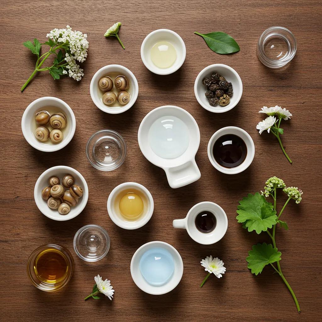 Key Korean skincare ingredients like snail mucin and hyaluronic acid displayed in an artistic arrangement