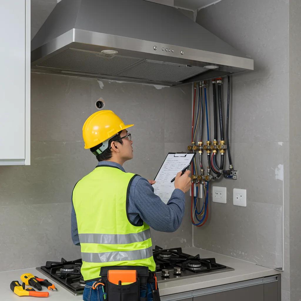 Kitchen inspector checking range hood installation during renovation inspections Kitchen inspector checking range hood installation during renovation inspections