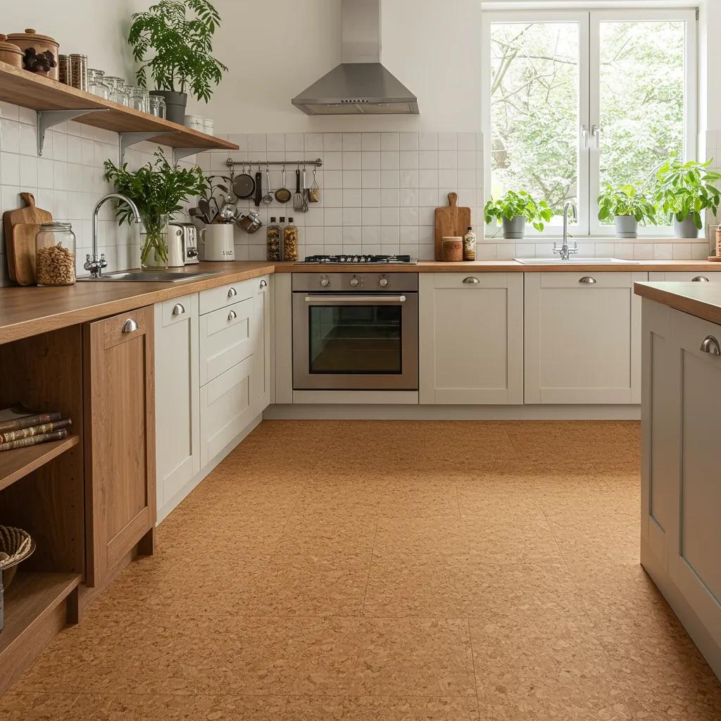 Kitchen with cork flooring emphasizing sustainability and natural insulation properties
