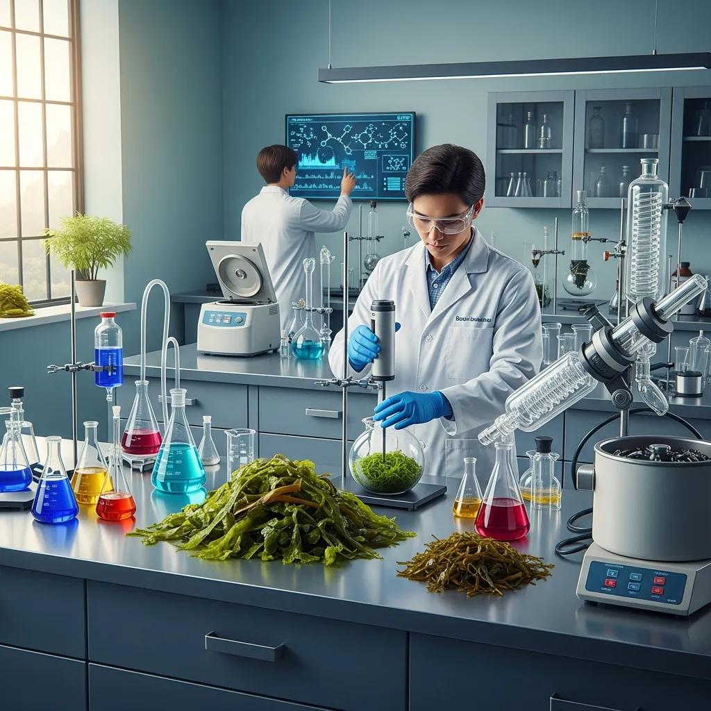 Laboratory scene showing the extraction of polysaccharides from seaweed for bioplastics