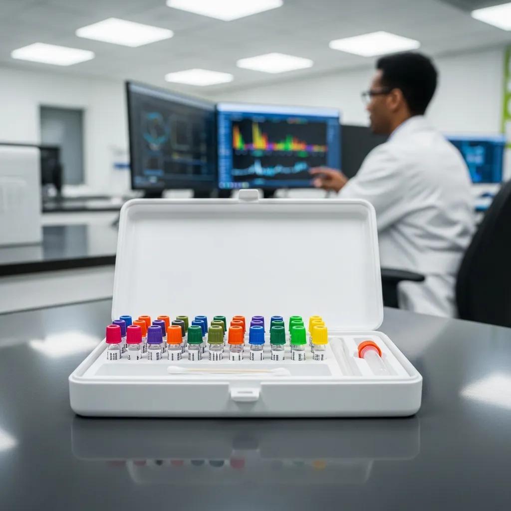 Laboratory scene with microbiome test kit and scientist reviewing data