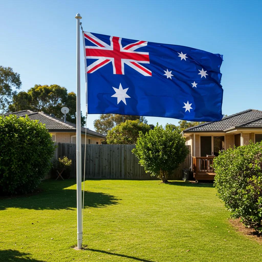 Large Australian flag flying in a sunny backyard, symbolizing national pride