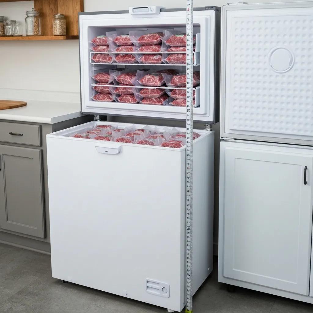 A large chest freezer packed with vacuum‑sealed beef packages, showing how a whole cow can be stored