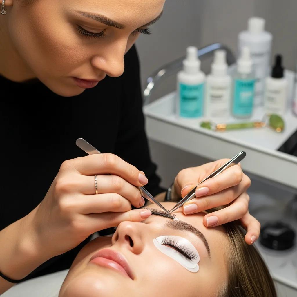Lash technician applying volume lash extensions in a professional salon setting