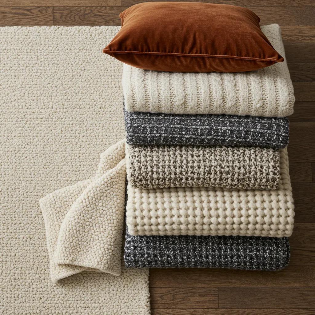 Layered cozy textures for fall 2025, including velvet, chunky knit, and wool on a rustic wooden floor