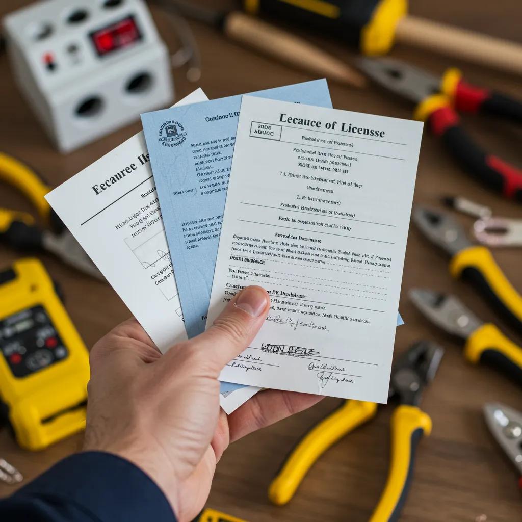 A licensed electrician proudly displaying their credentials and insurance documents, symbolizing trust and professionalism