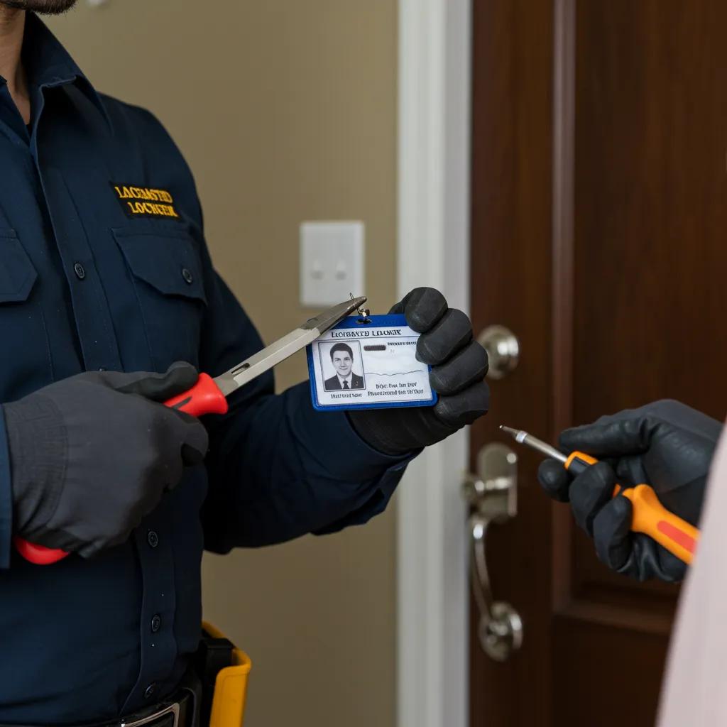 A licensed locksmith showing their identification to a homeowner before starting service