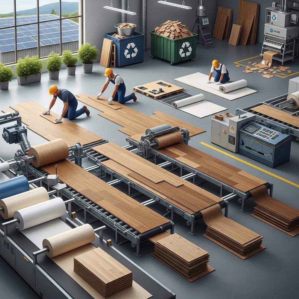 Factory view showing the lifecycle of hardwood, laminate and vinyl flooring