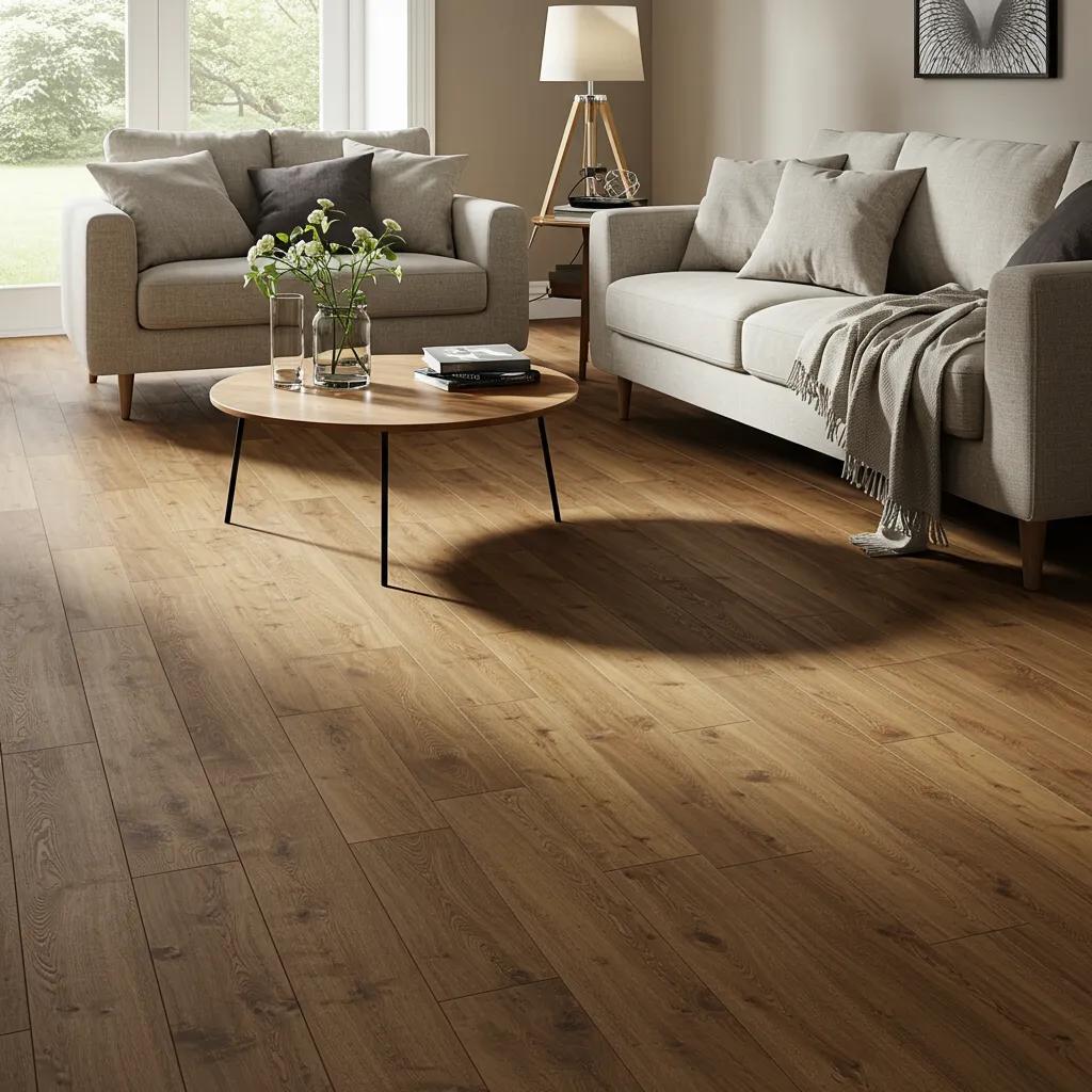 Living room with various wood floor finishes showcasing oiled, lacquered, and brushed textures