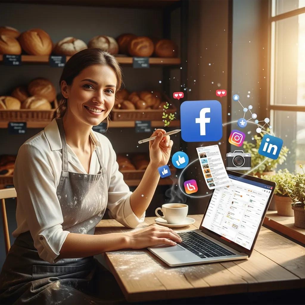 Local business owner using social media automation tools on a laptop, surrounded by social media icons
