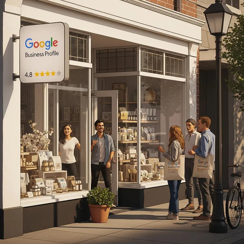 A local storefront with customers, highlighting community presence and local visibility