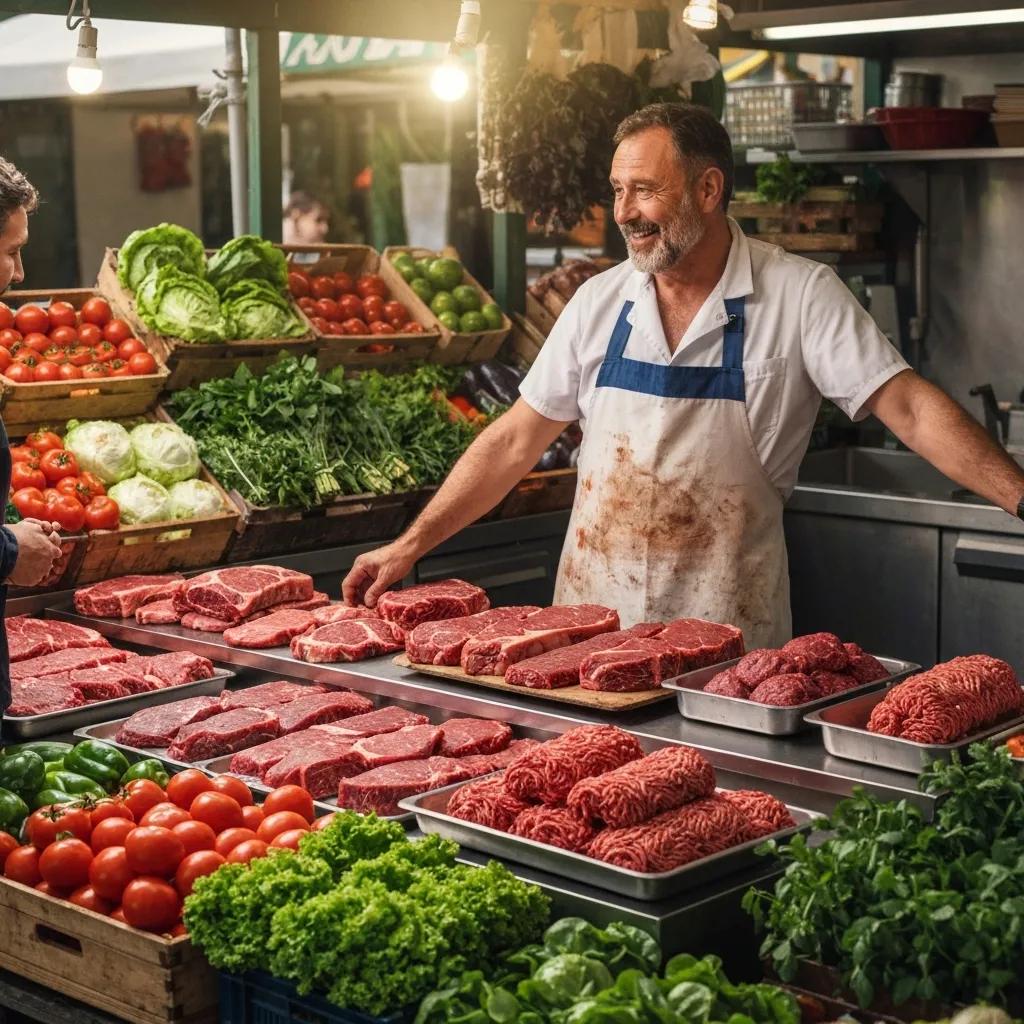 Butcher at a farmers' market talking with customers next to fresh beef cuts