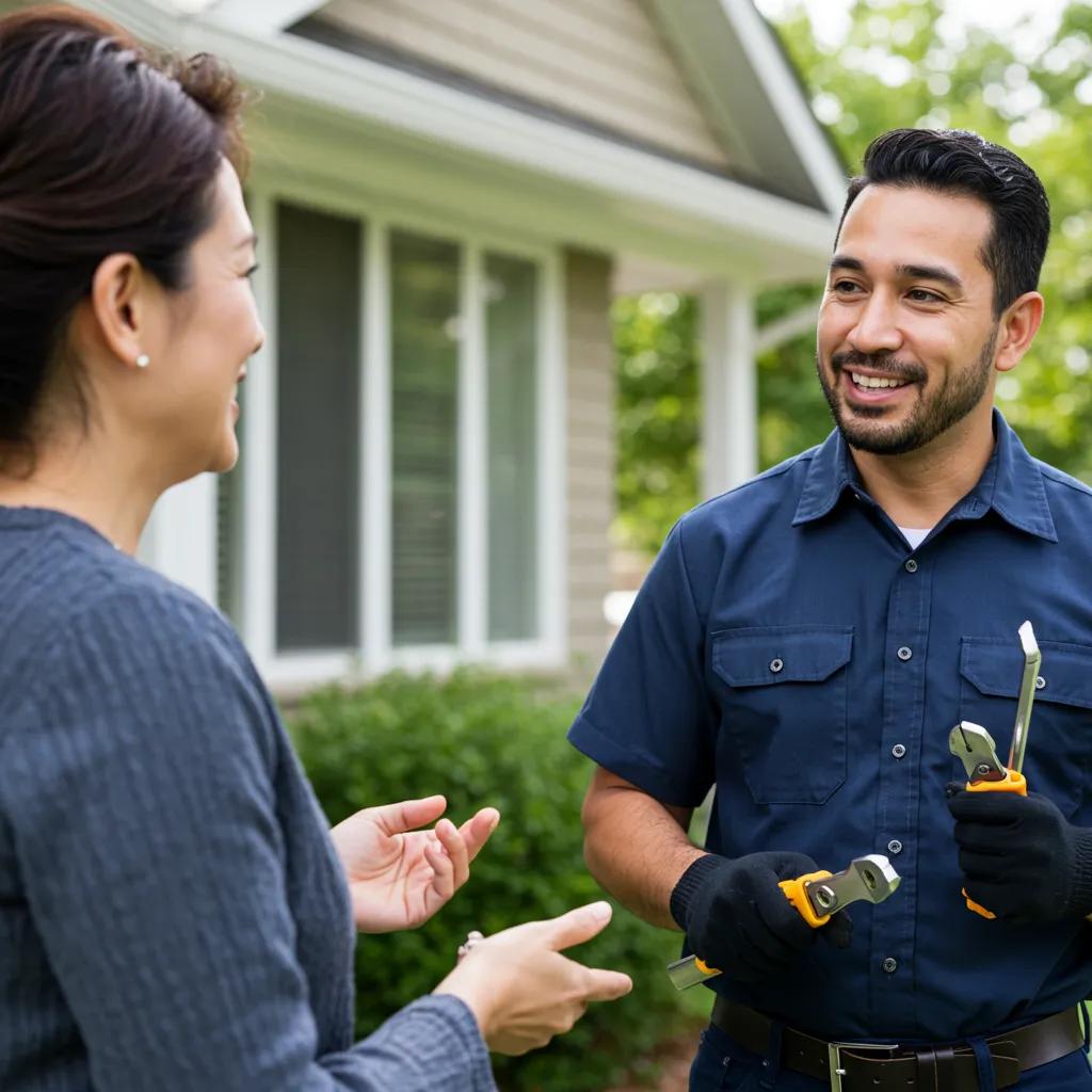Local locksmith assisting a customer outside a home, showcasing community trust and reliability