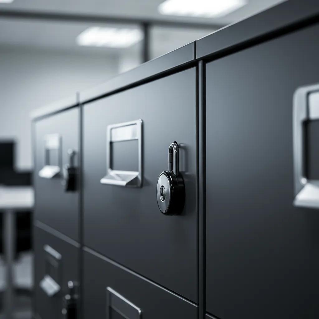 Locked filing cabinet representing confidentiality and secure data handling in private investigations