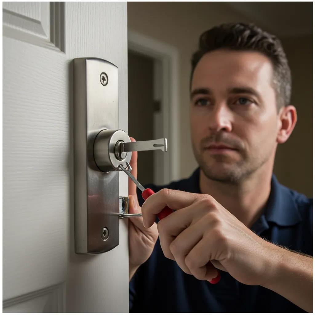 Locksmith demonstrating non-destructive entry techniques on a door, illustrating immediate lockout assistance