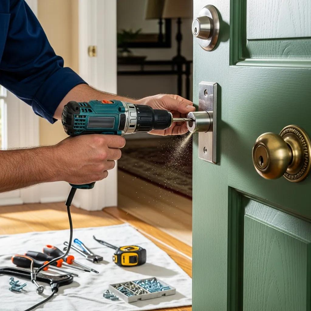Locksmith installing a high-security deadbolt for residential security