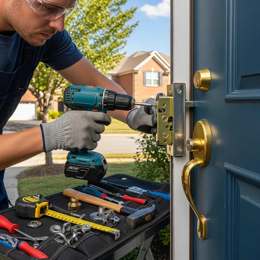 Locksmith installing a new lock on a residential door, emphasizing home security solutions