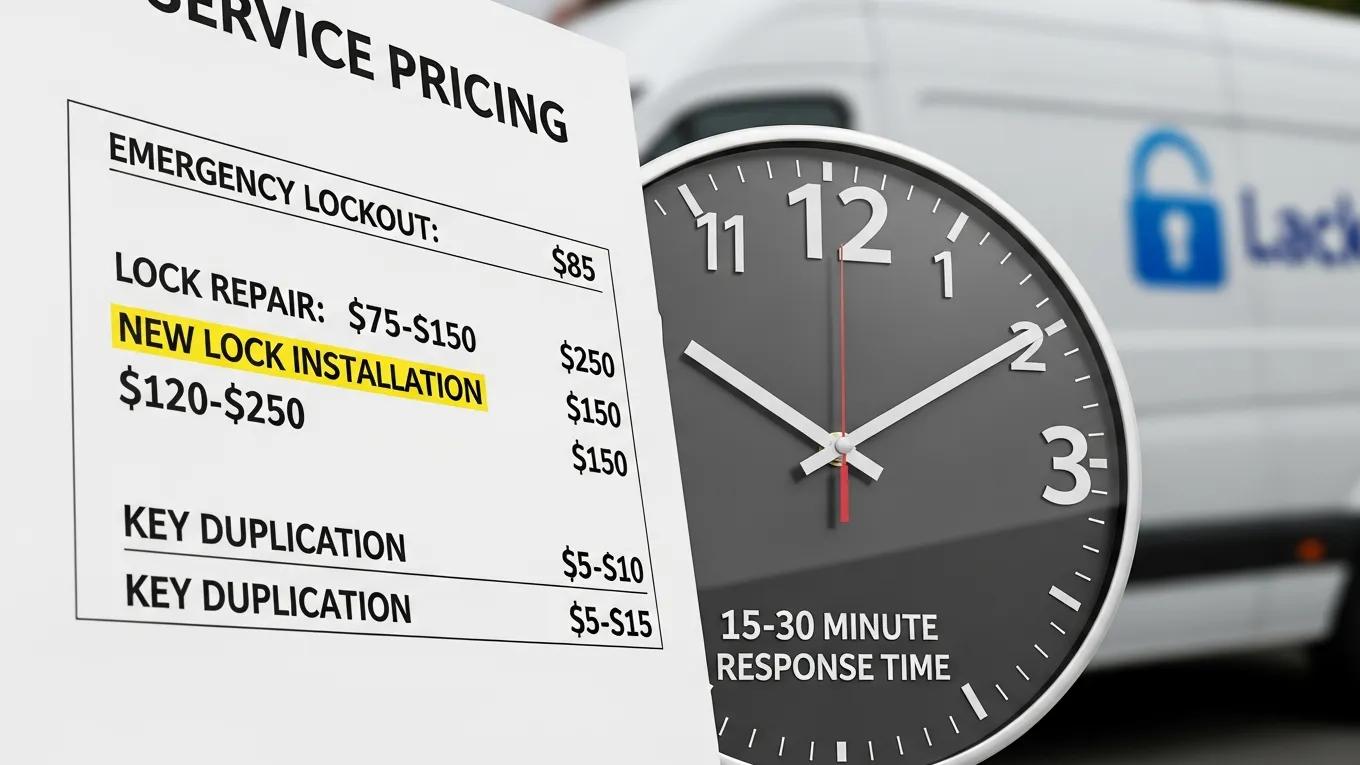Locksmith pricing sheet with a clock indicating quick response times for emergency lockout services