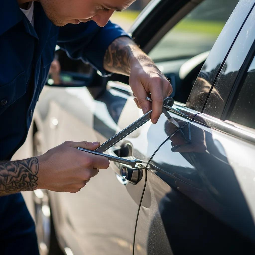 Automotive locksmith using safe tools to unlock a vehicle during an emergency