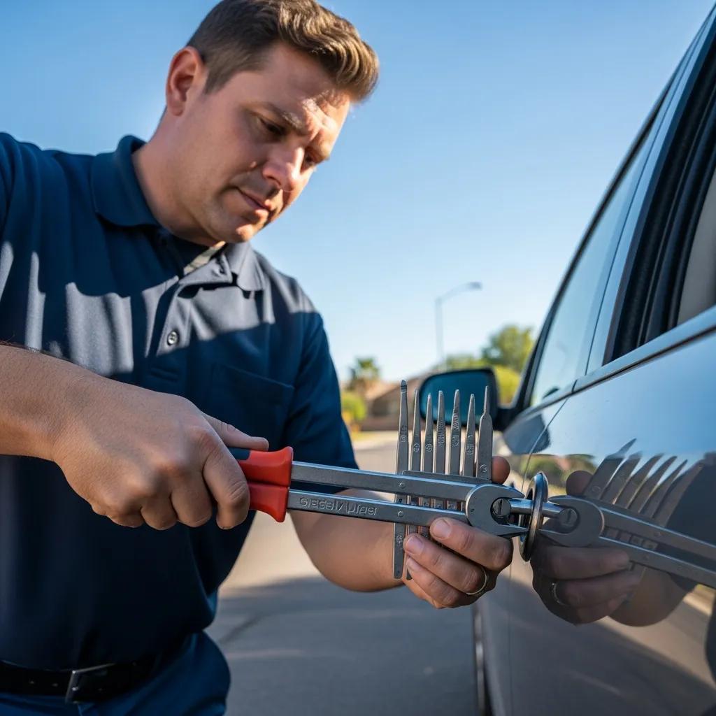 Locksmith using tools to unlock a car door in Tempe, AZ