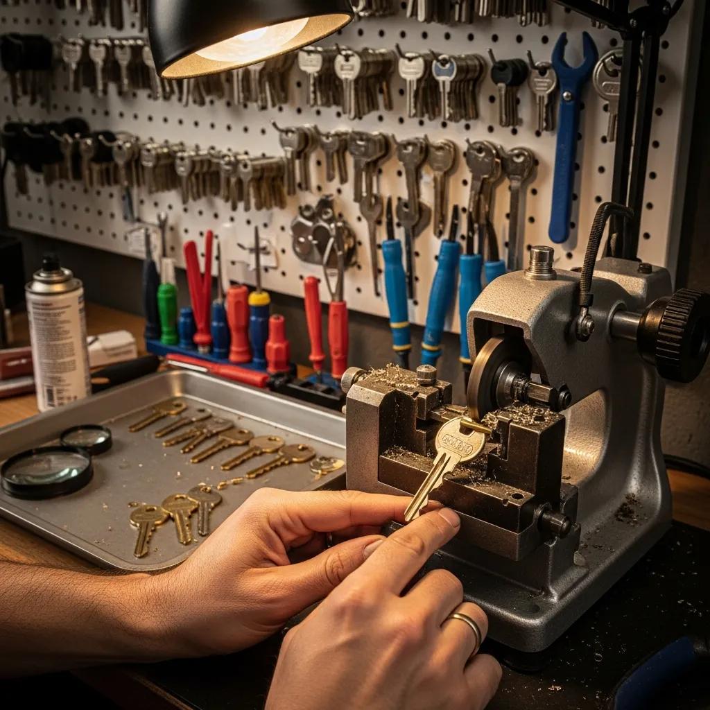 MTL Door PRO locksmith duplicating a key with tools nearby