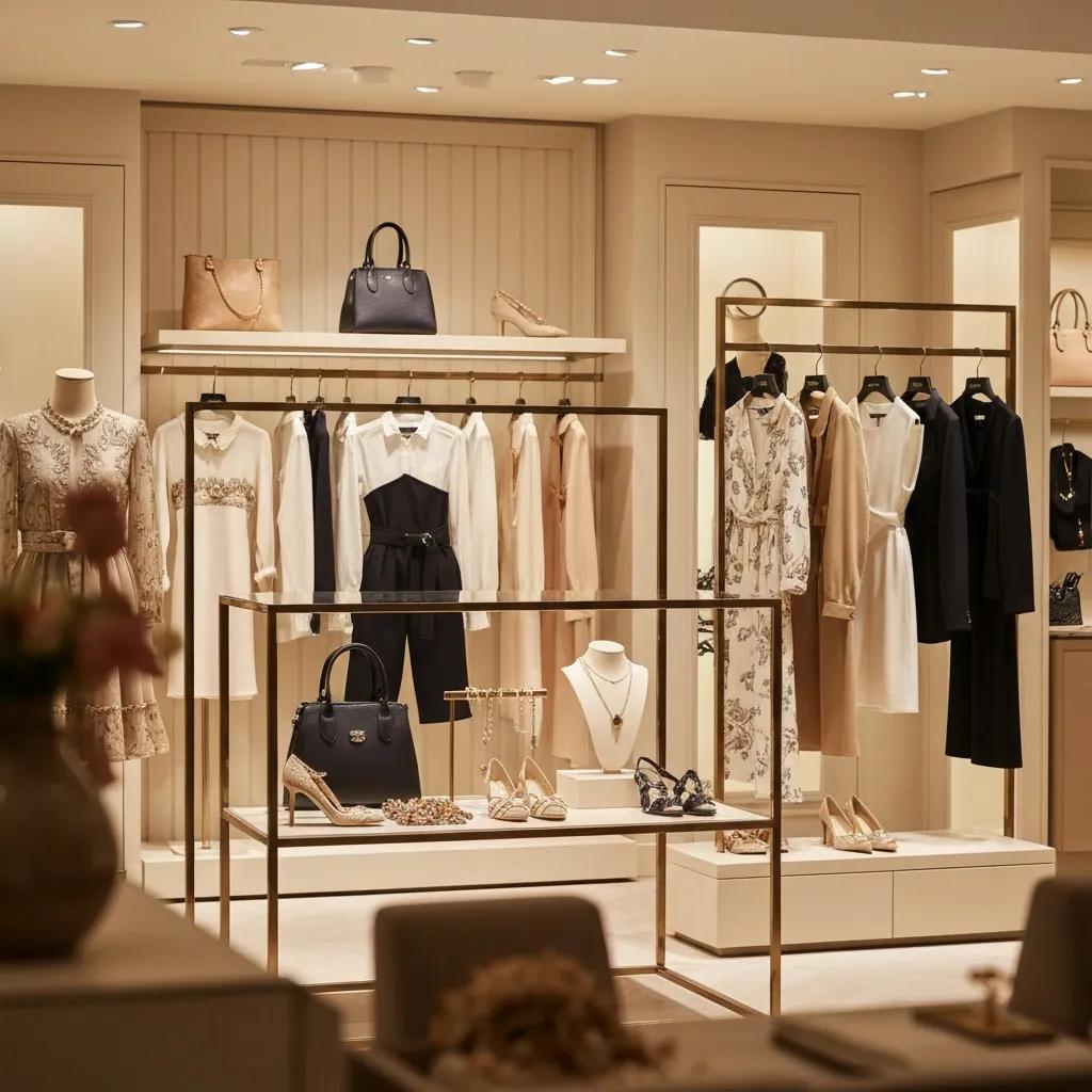 Luxurious designer fashion collection displayed in a chic boutique, emphasizing craftsmanship and exclusivity