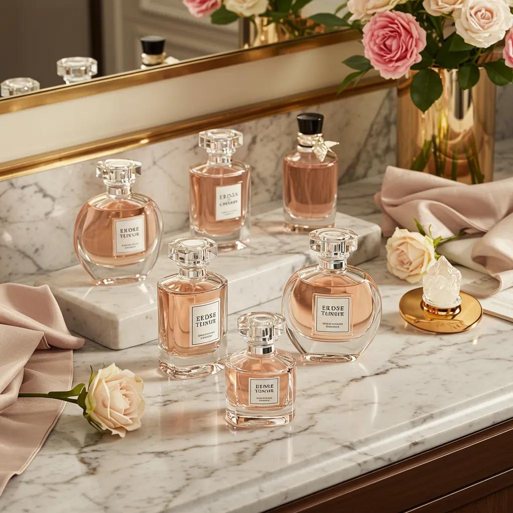 Luxurious display of top women's perfumes for 2025 on a marble countertop