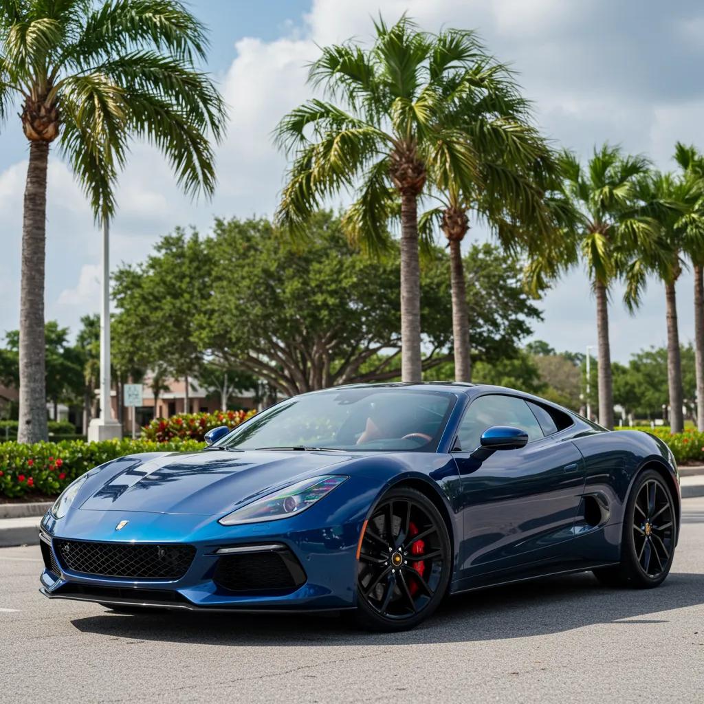 Luxurious exotic car in Tampa Bay with palm trees and blue sky