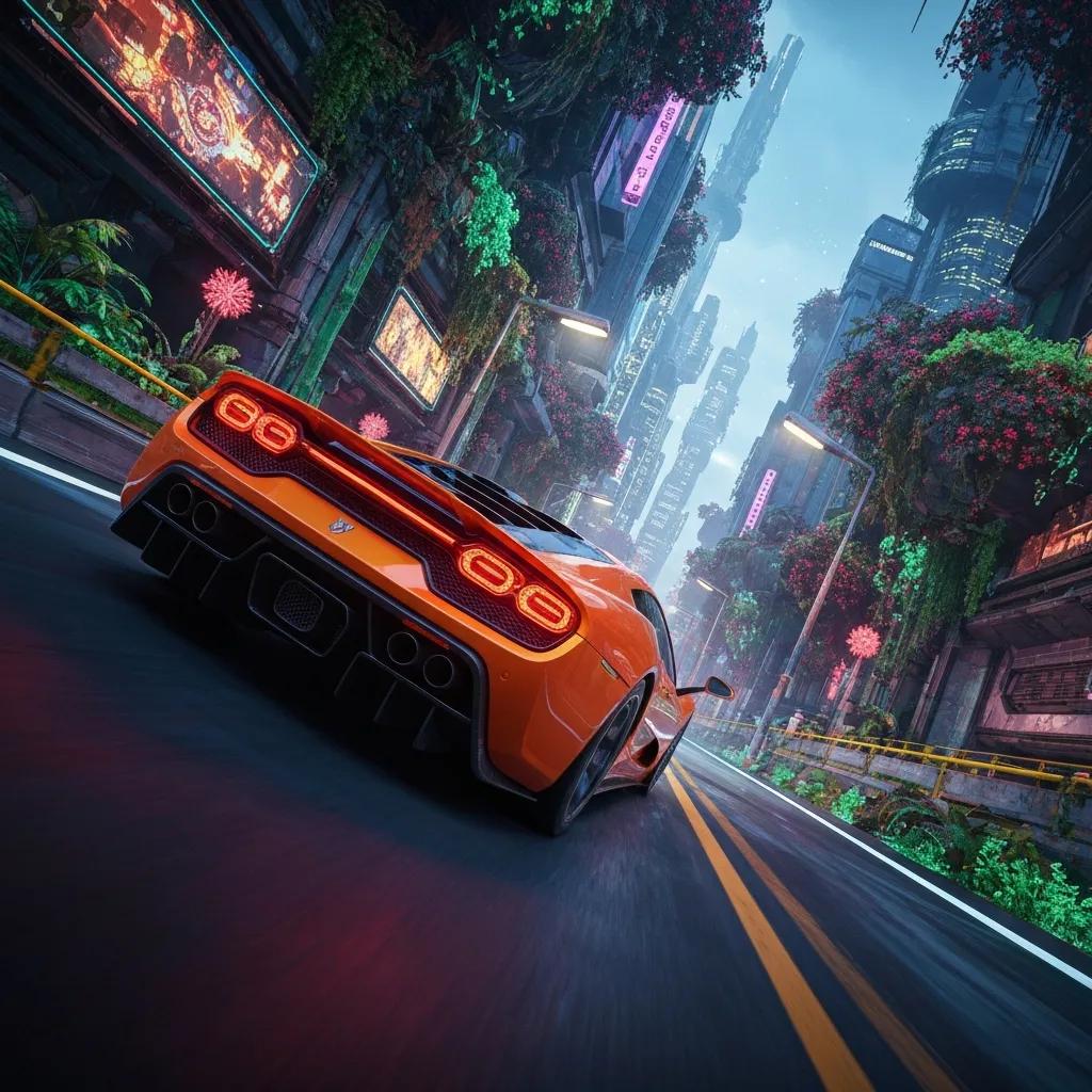 Supercar parked beside a palm-lined road under a clear Orlando sky