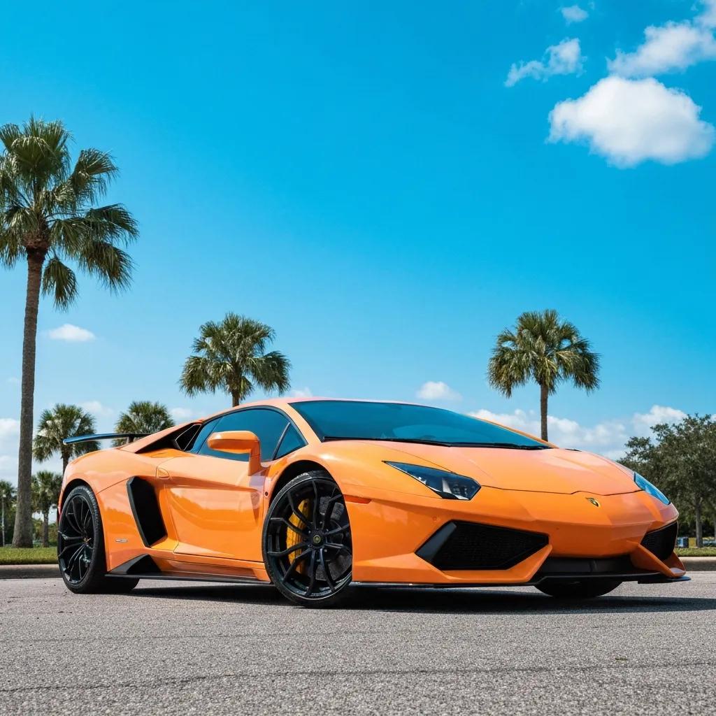 Luxury exotic car parked in a scenic Orlando location, emphasizing adventure and high-end rental experience