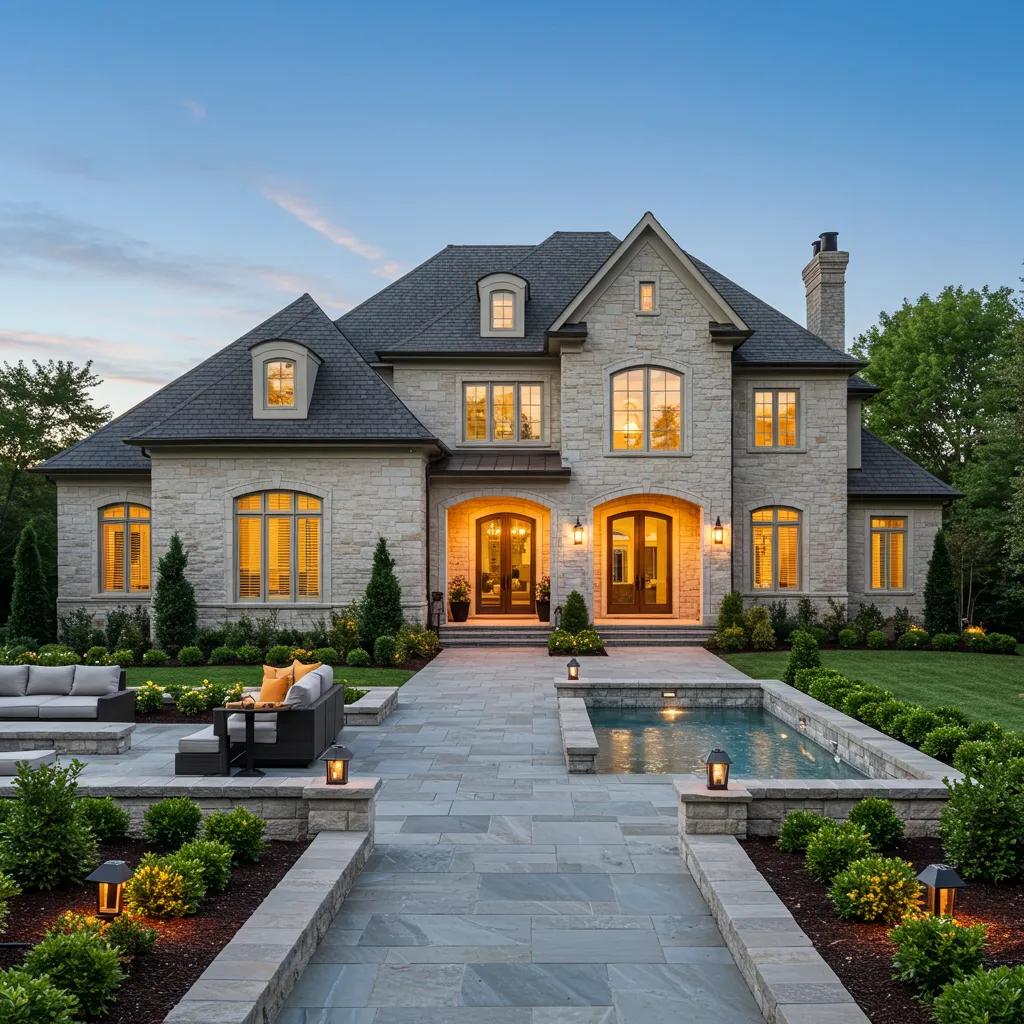 Stunning luxury home exterior in Cincinnati, showcasing elegant architecture and meticulously manicured landscaping.