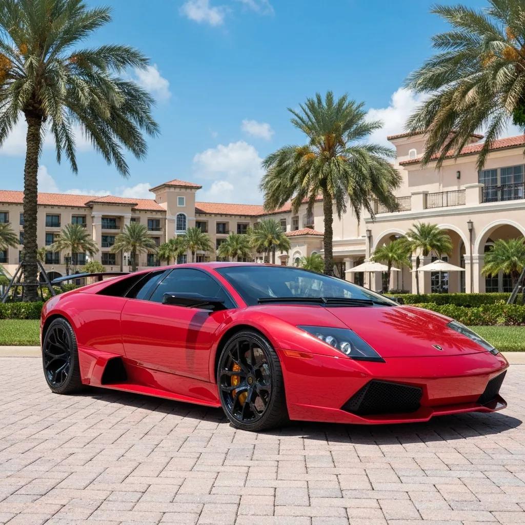 Luxury sports car in front of an upscale Orlando resort, representing exotic car rental experiences