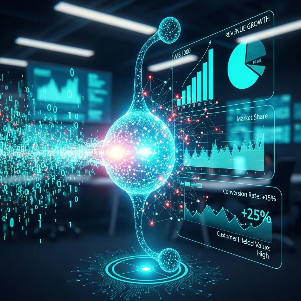 Machine learning model visualizing data flow and sales metrics in AI sales technology