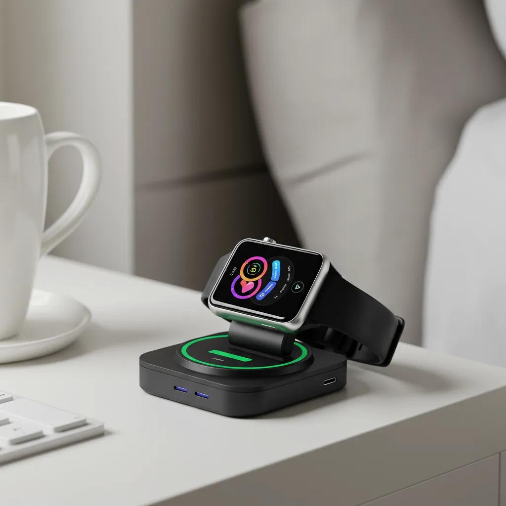 Magnetic smartwatch charger with a smartwatch attached, highlighting convenience and modern design