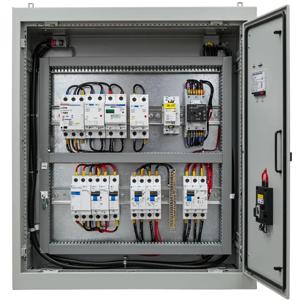 Main components of an electrical panel including circuit breakers and bus bars