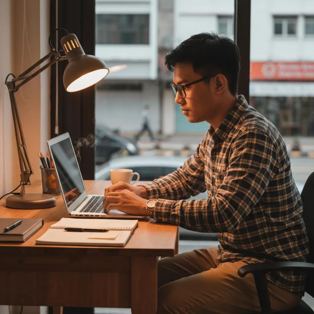 Malaysian trader analyzing forex charts at a cozy desk with coffee and city view