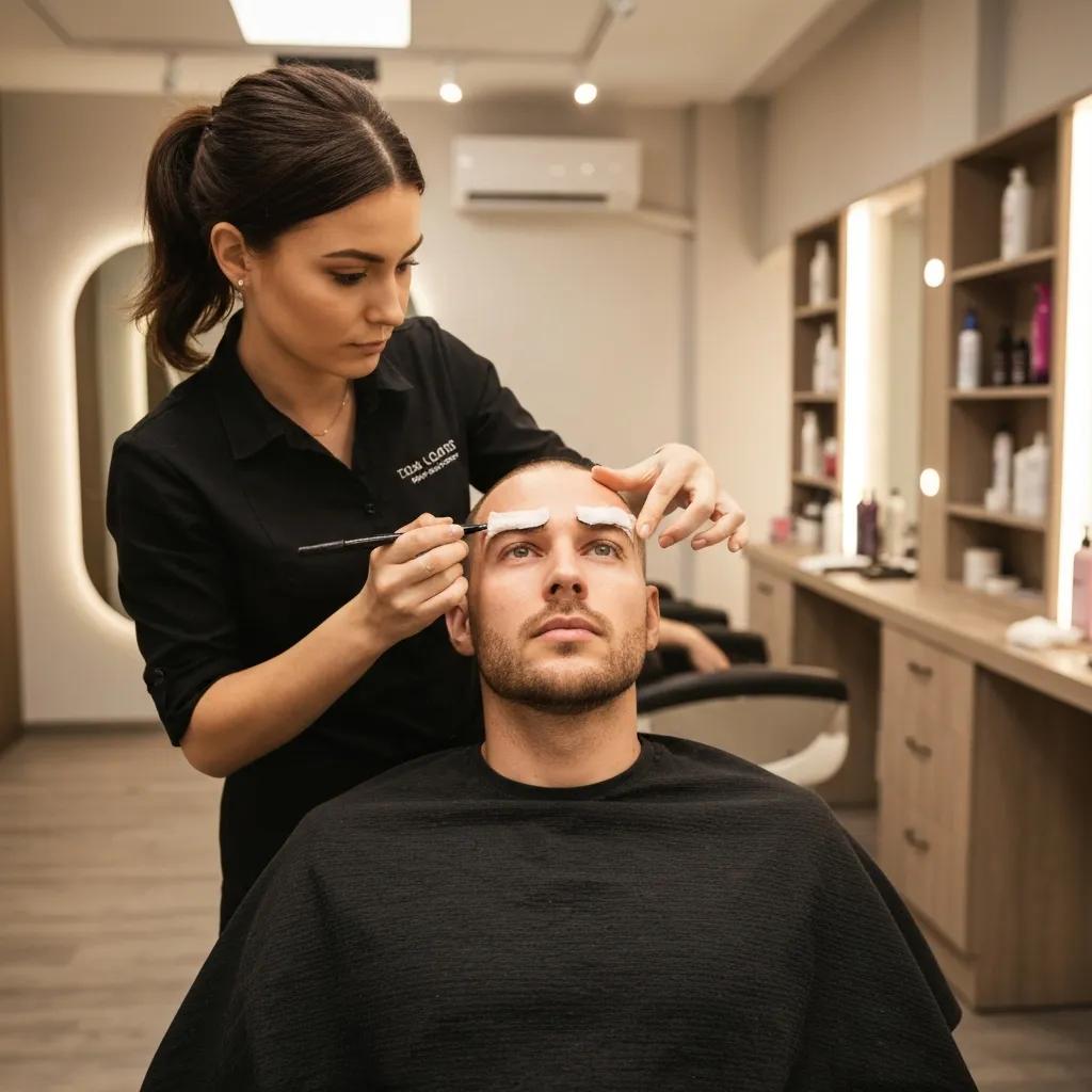 Male client receiving professional eyebrow waxing for a clean, defined look