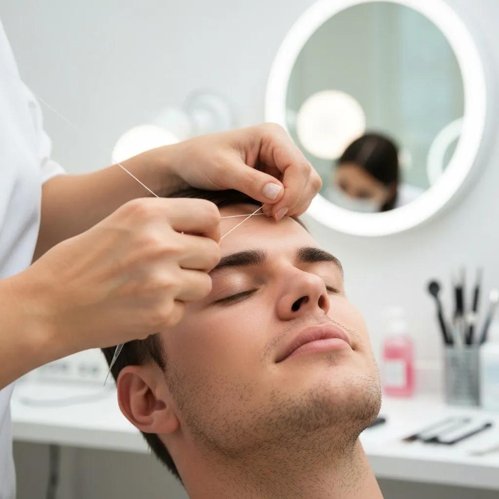 Male client receiving eyebrow threading in a clean, professional Queens salon