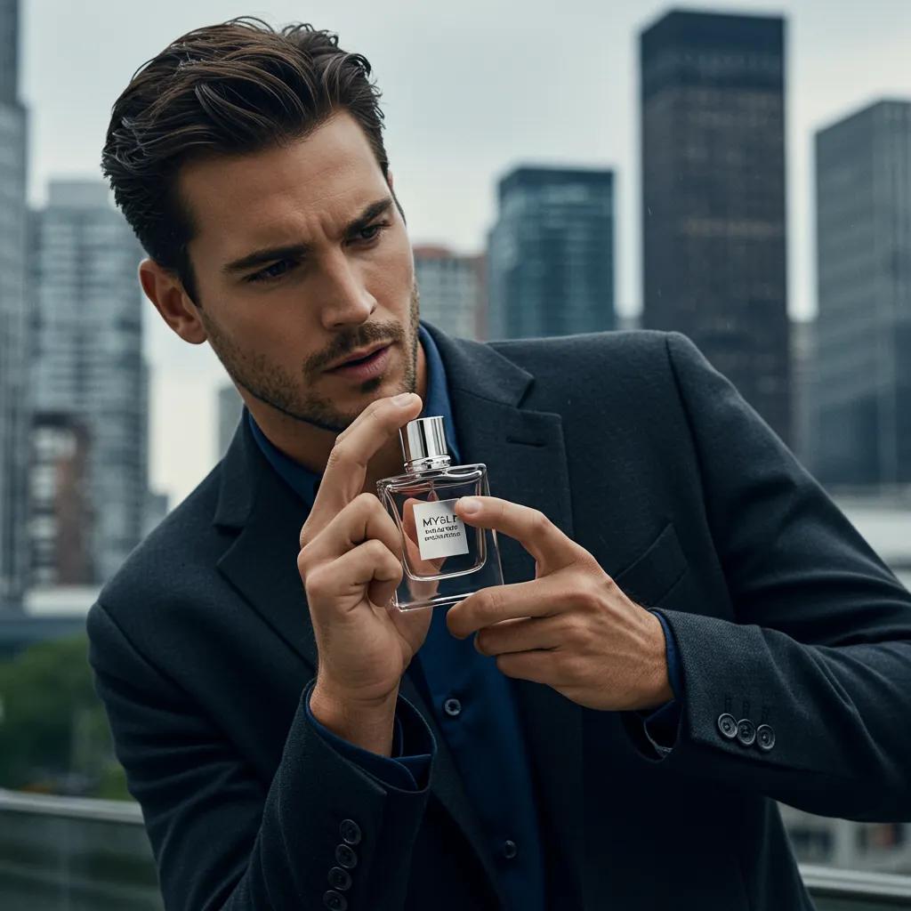 Man applying Yves Saint Laurent MYSLF cologne in an urban setting, showcasing confidence and style