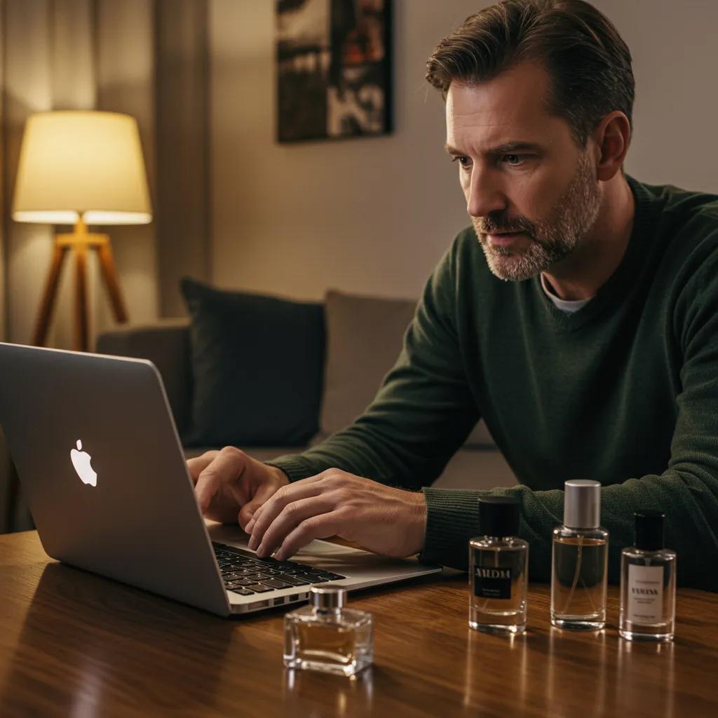 Man exploring discount designer cologne deals online, surrounded by fragrance bottles in a cozy home setting