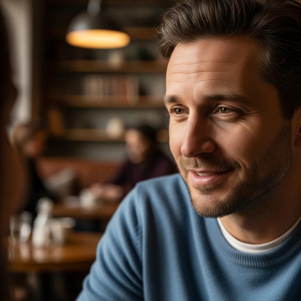 Man practicing active listening, showcasing emotional intelligence in a café setting