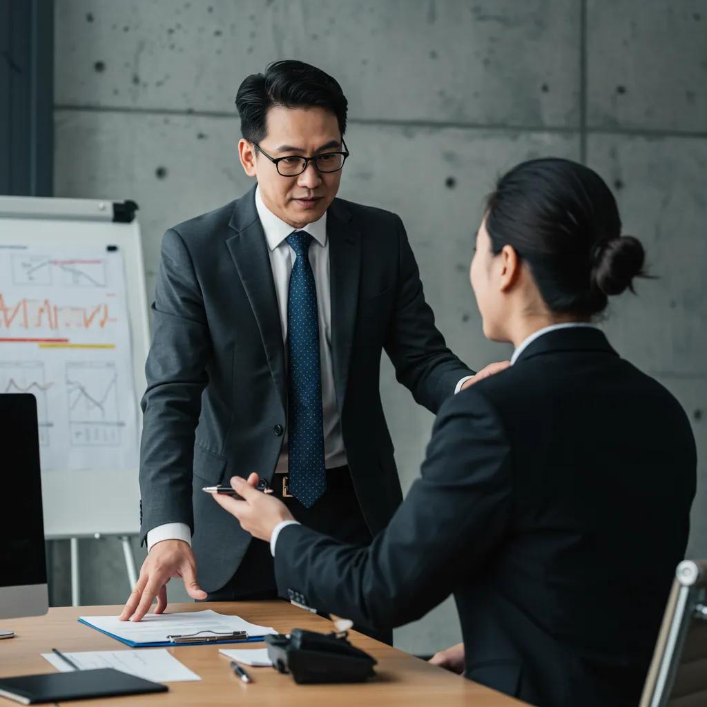 A manager sincerely apologizing to a team member, demonstrating the positive impact of apology languages in professional settings A manager sincerely apologizing to a team member, demonstrating the positive impact of apology languages in professional settings