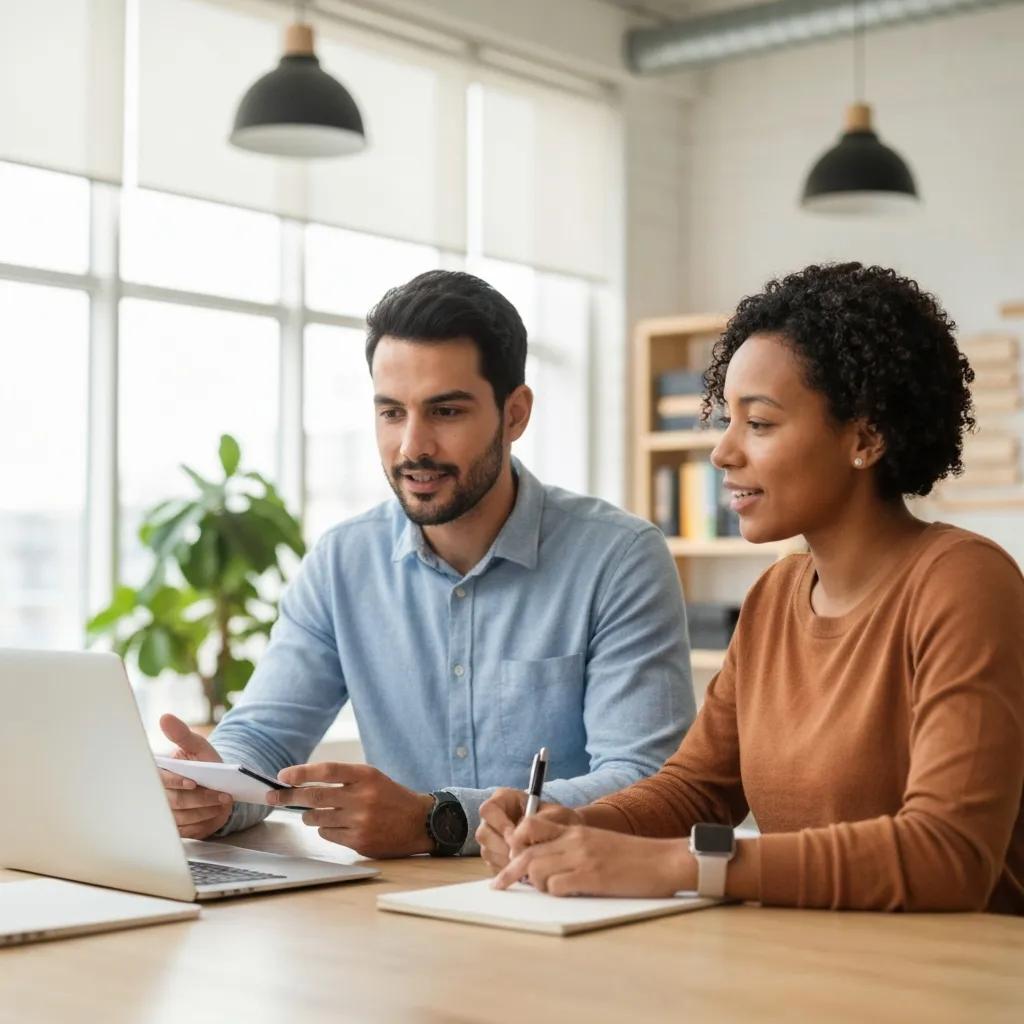 Manager conducting a performance check-in with an employee in an open office